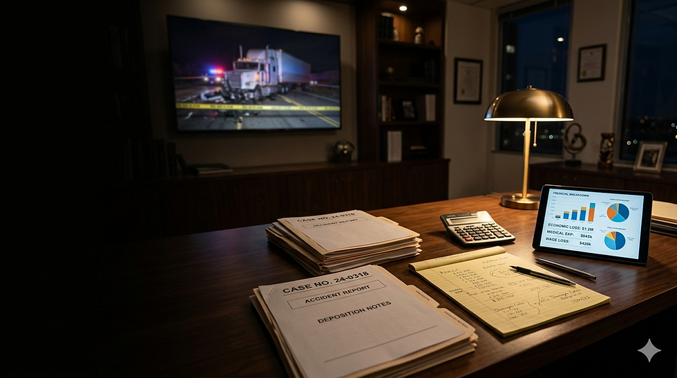 Truck accident settlement paperwork on an attorney's desk