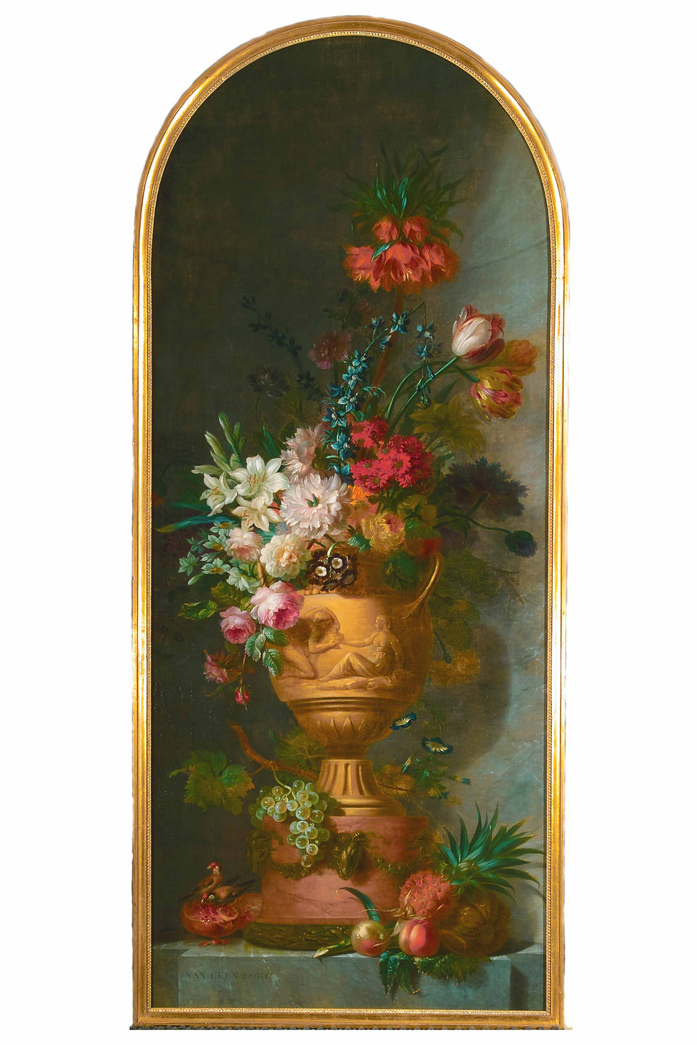 Flower still life with, among other things, an imperial crown, tulips and lilies in a terracotta vase