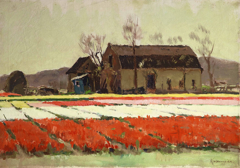 Bulb fields in front of a farm