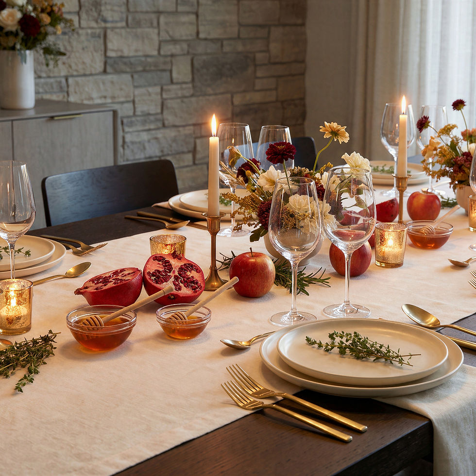Candlelit dining table set with pomegranates, apples, flowers, wine glasses, and gold cutlery in a cozy room.