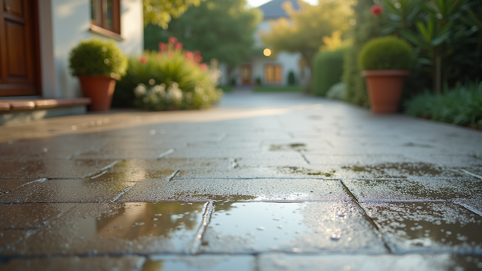 High angle view of a clean driveway after power washing