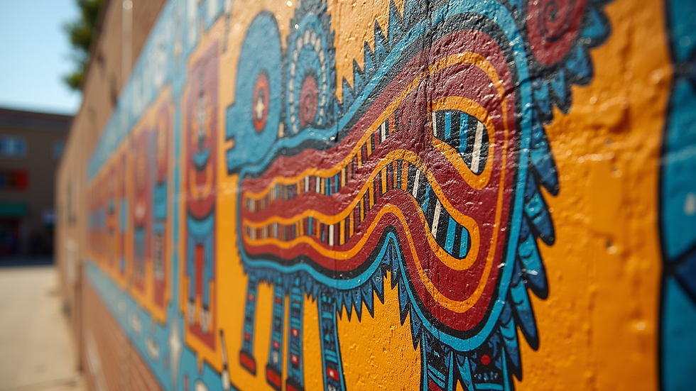 Close-up view of a mural with Lenape cultural motifs and vibrant colors
