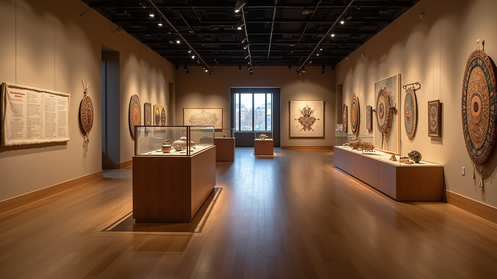 Wide angle view of a museum gallery featuring Lenape artifacts and contemporary Native American art
