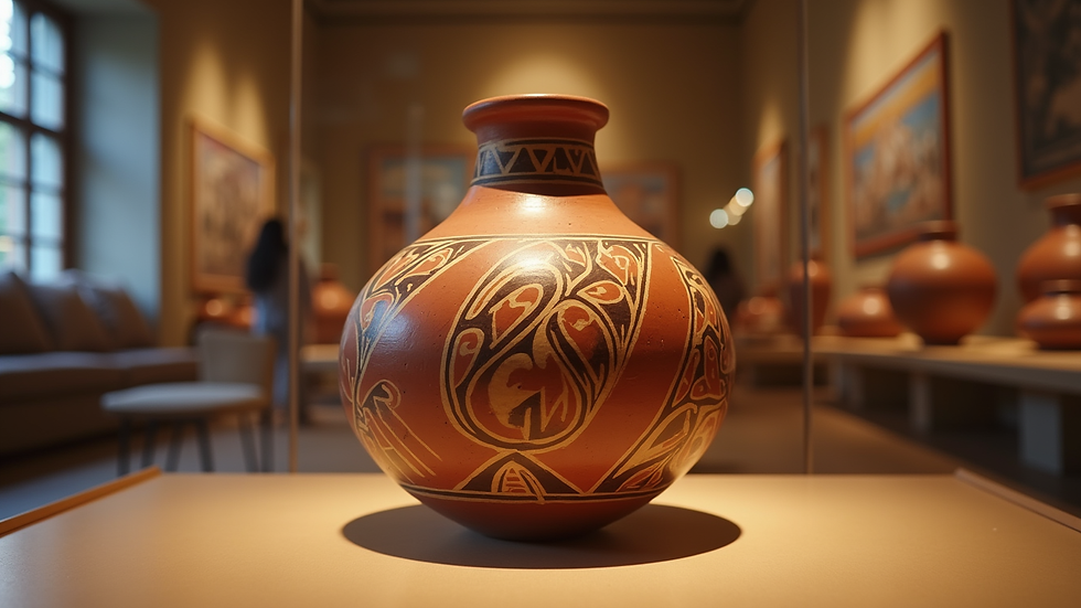 Eye-level view of a traditional Native American pottery piece on display