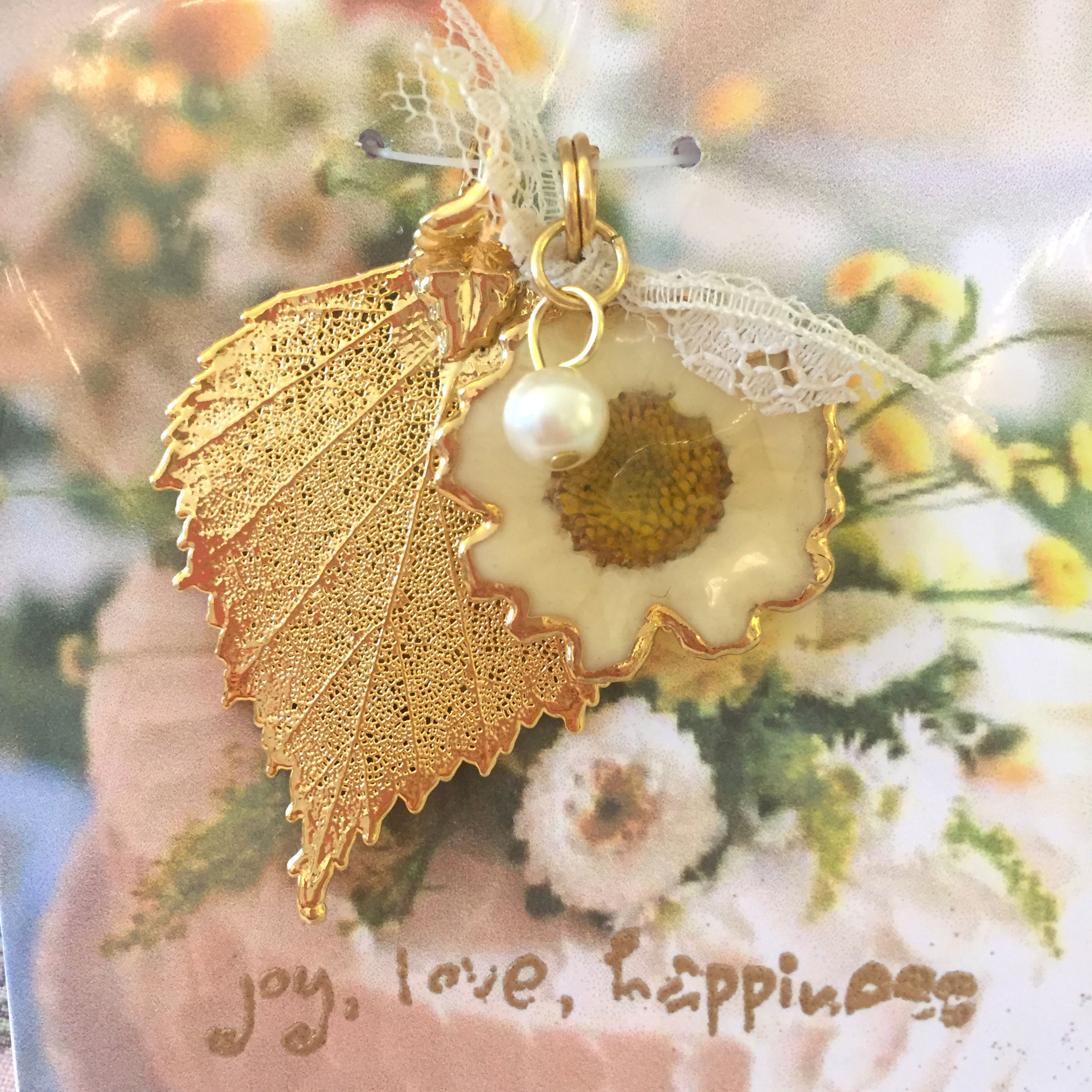 A Real Birch Leaf & a White Daisy Flower with Pearl/Lace in 24K Gold Pendant