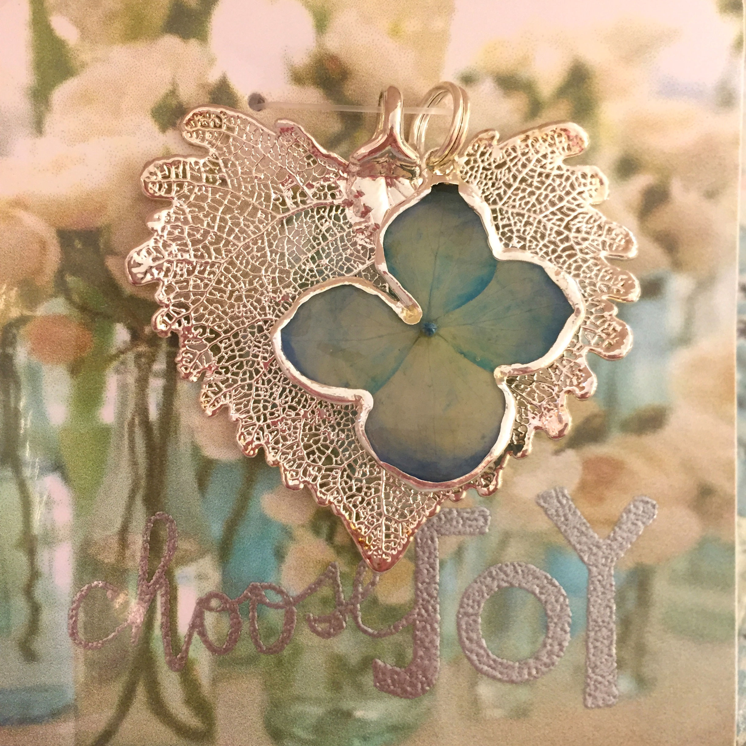 A Real Cottonwood Leaf & a Teal Blue Hydrangea Flower in Silver Pendant