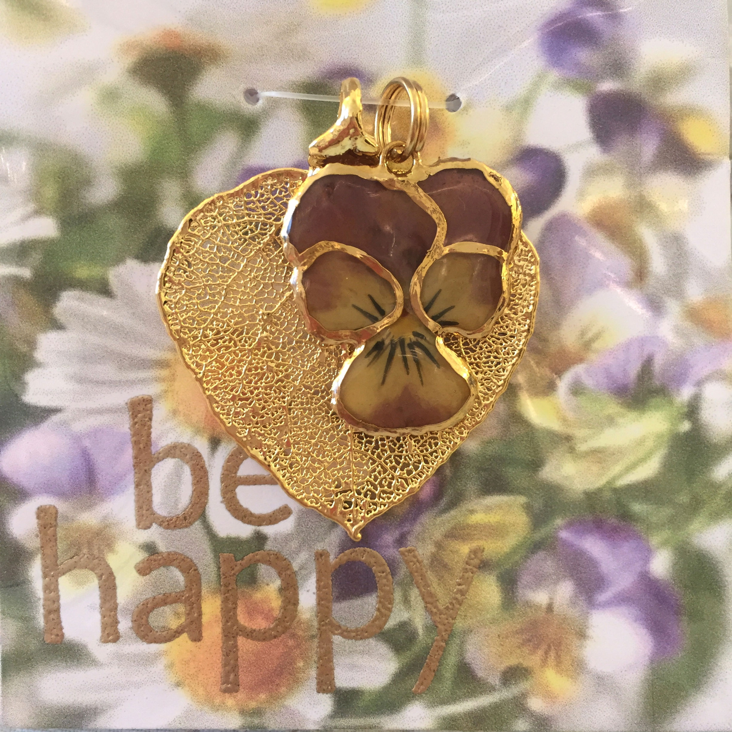 A Real Aspen Leaf & a Johnny Jump Up Flower Outlined in 24K Gold Pendant