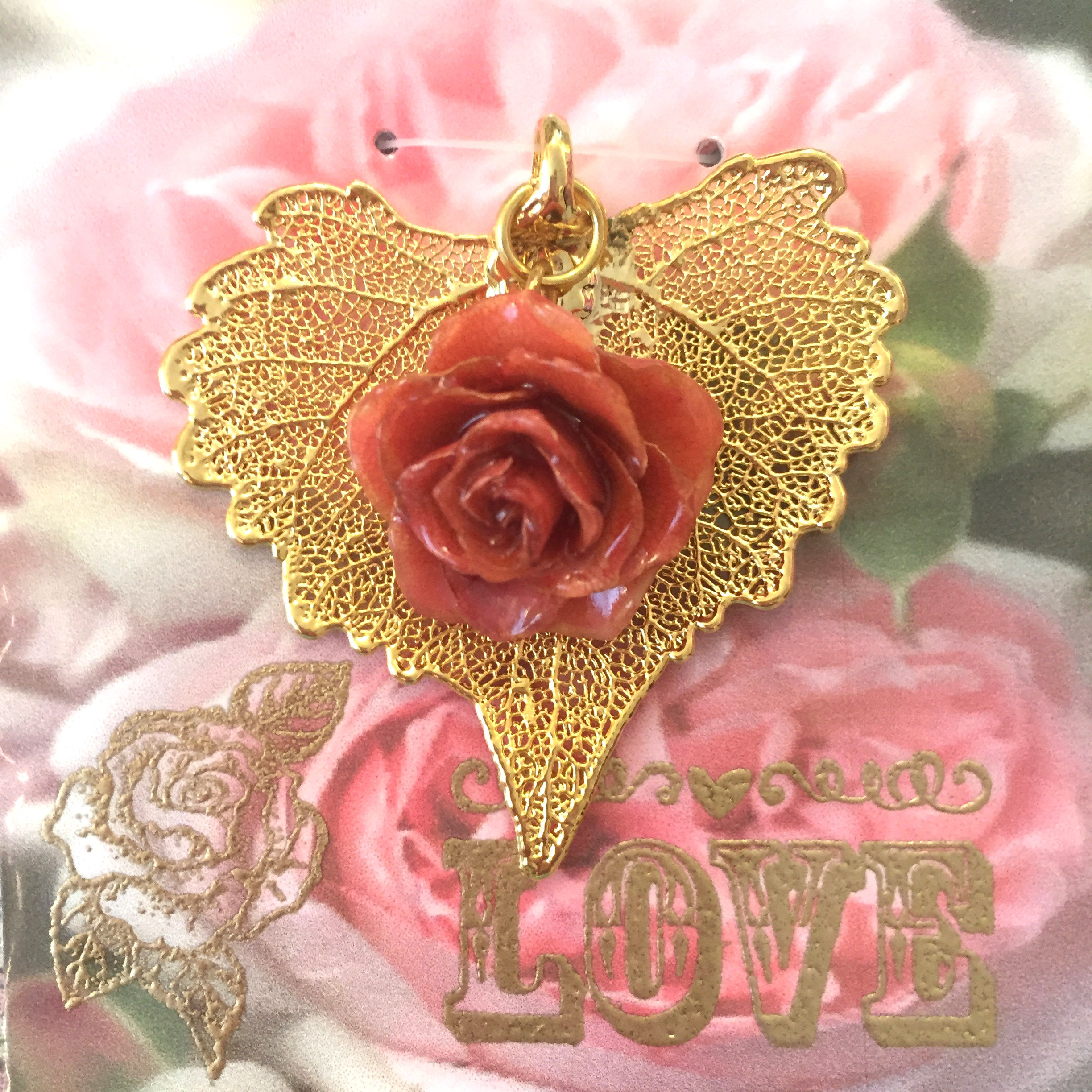 A Real Cottonwood Leaf & a Coral Bloom Rose in 24K Gold Pendant