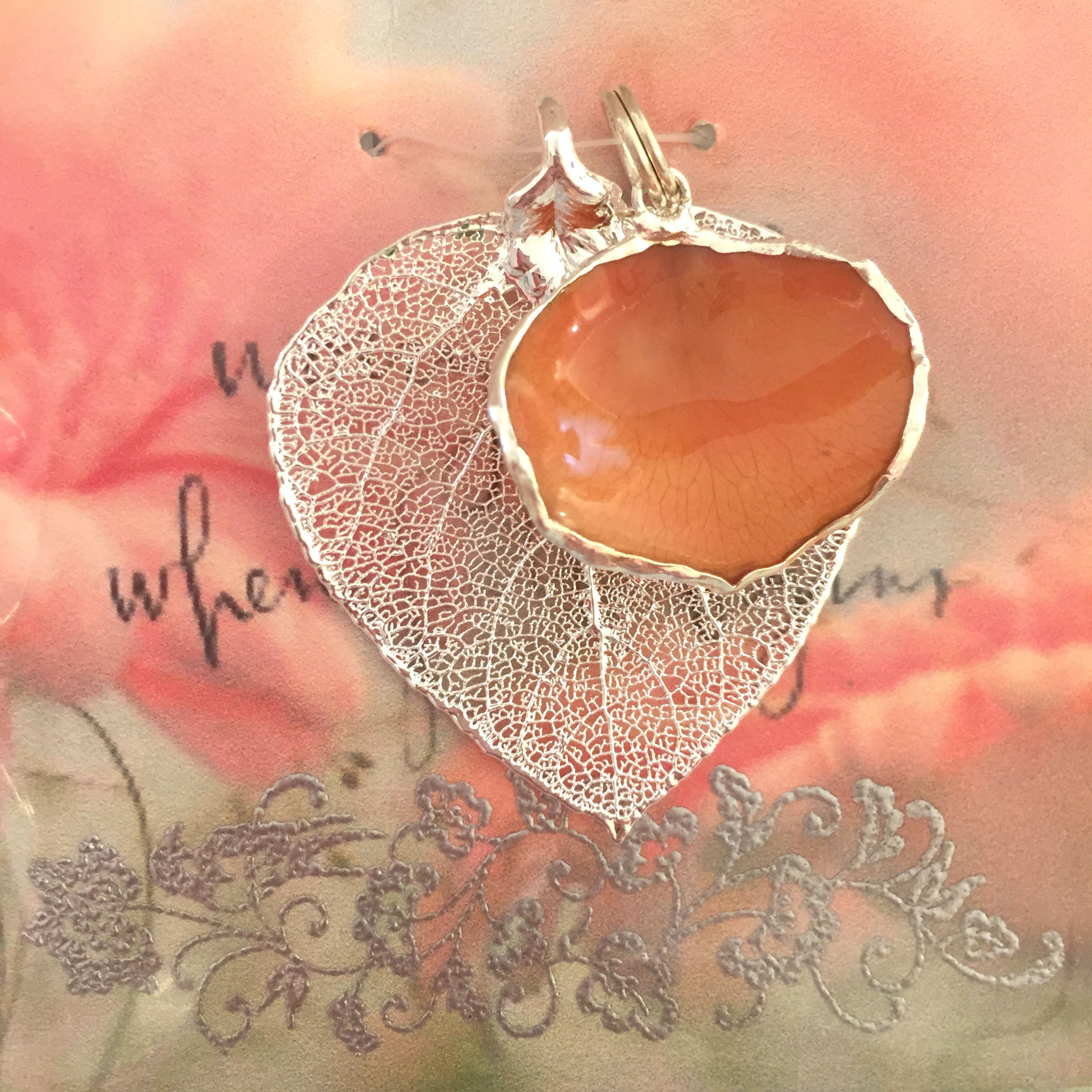 A Real Aspen Leaf & a Coral Rose Petal in Silver Pendant