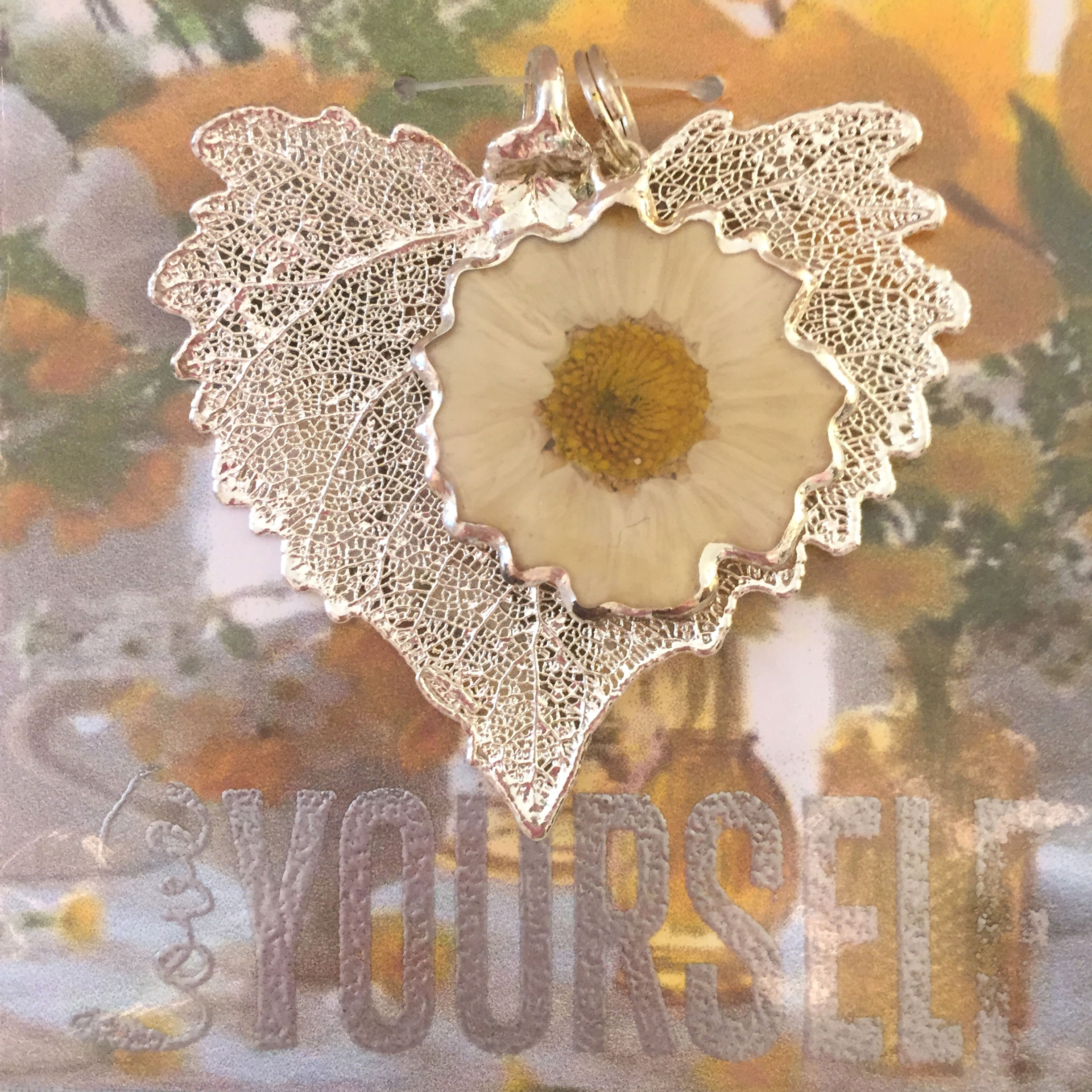 A Real Cottonwood Leaf & a White Daisy Silver Pendant