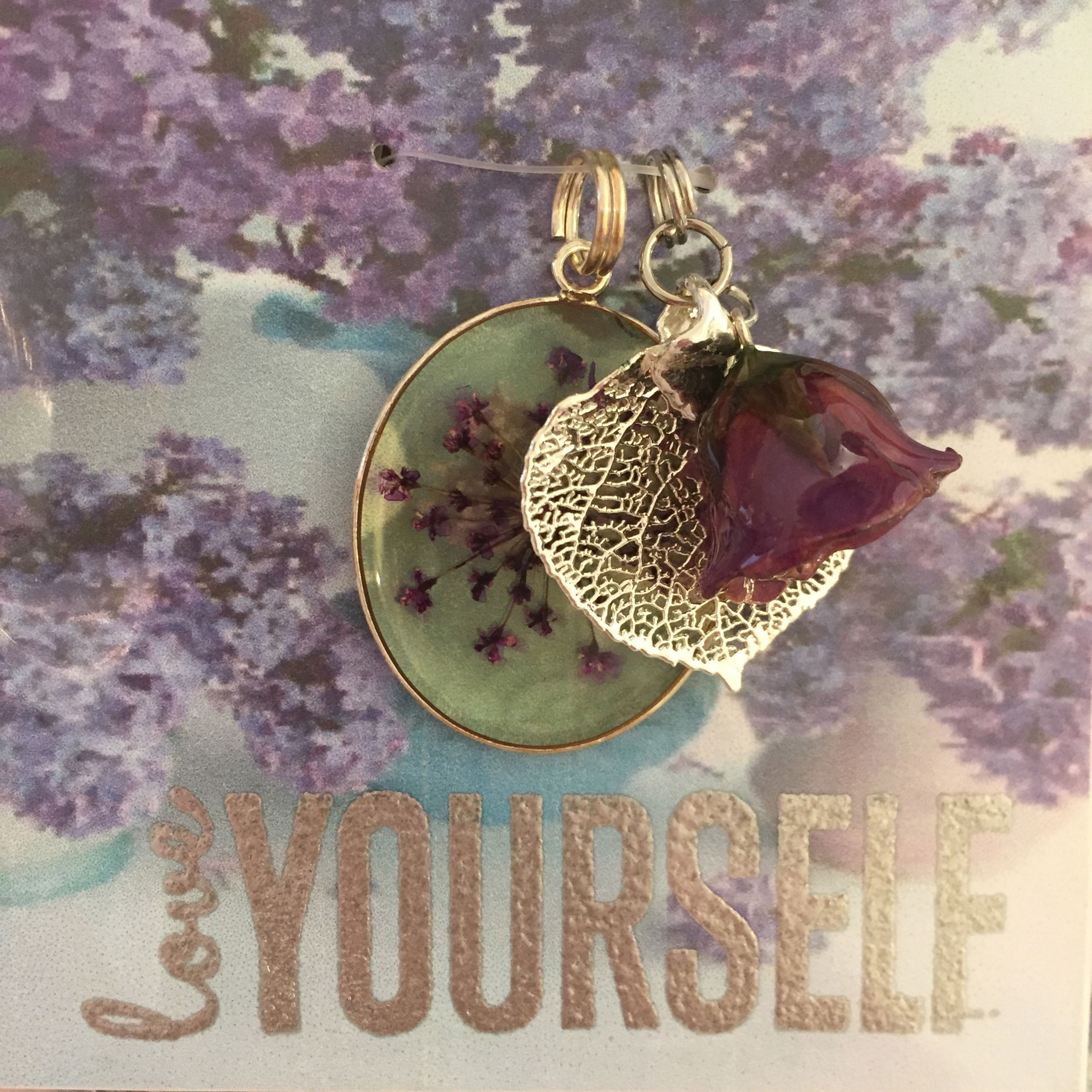 A Real Baby Aspen Leaf, Purple Rosebud & Queen Anne's Lace in Silver Pendant