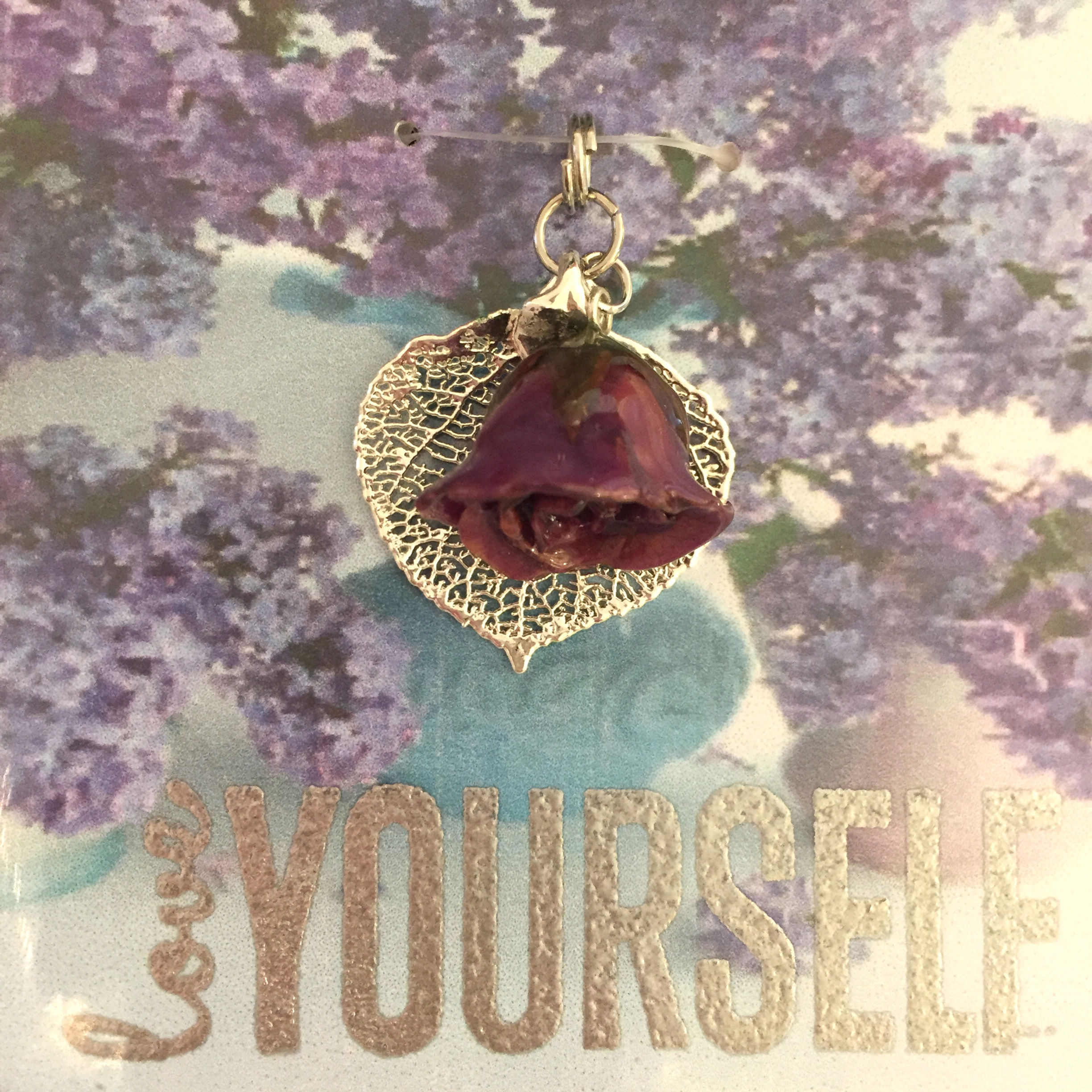 A Real Baby Aspen Leaf & a Purple Rosebud in Silver Pendant