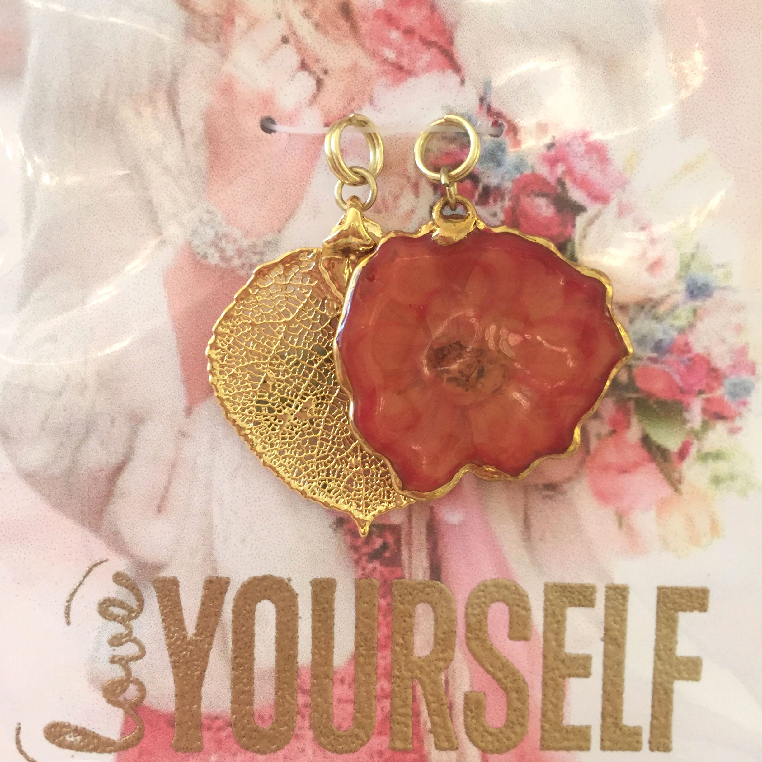 A Baby Aspen Leaf & a Pressed Coral Rose in 24K Gold Pendant