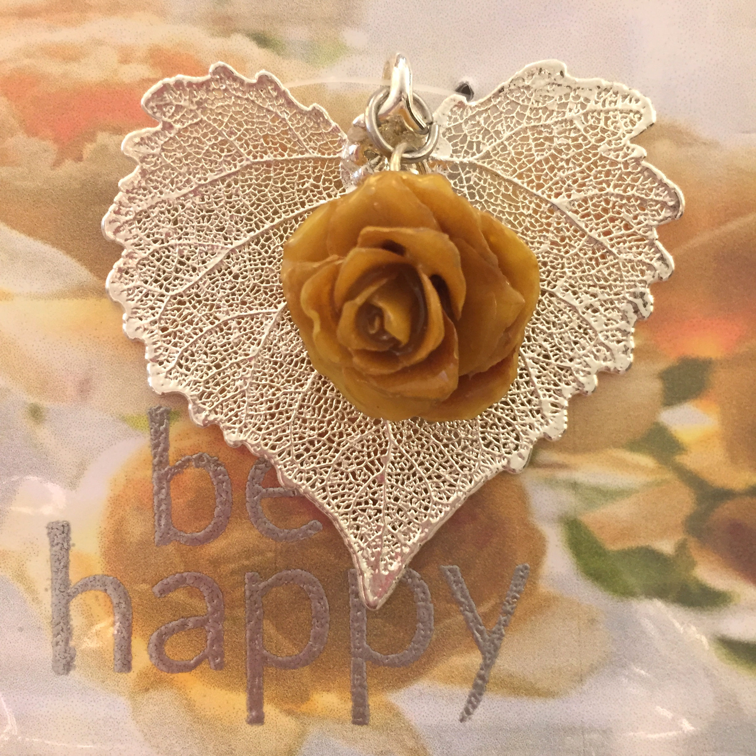 A Real Cottonwood Leaf & a Bloom Yellow Rose in Silver Pendant