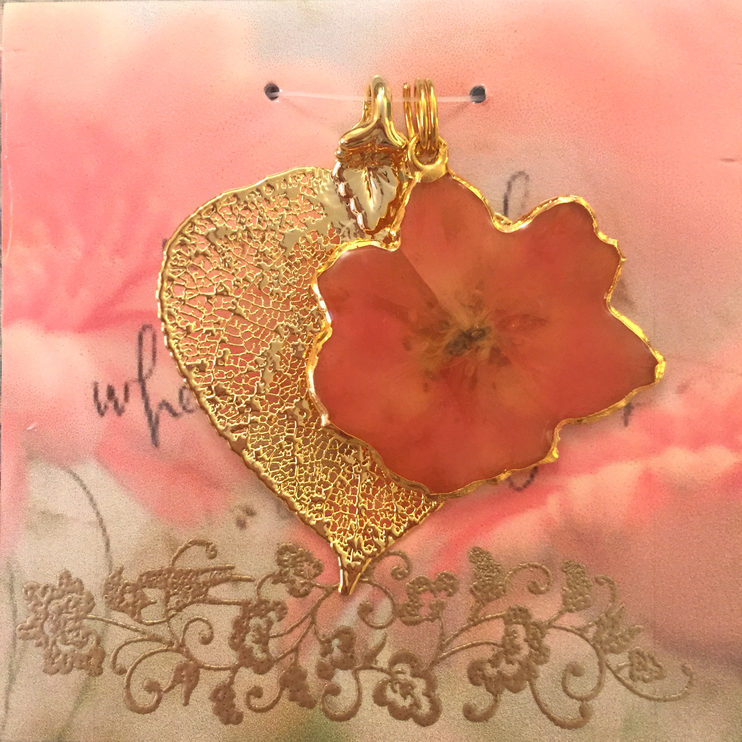 A Real Aspen Leaf & a Coral Larkspur Flower in 24K Gold Pendant