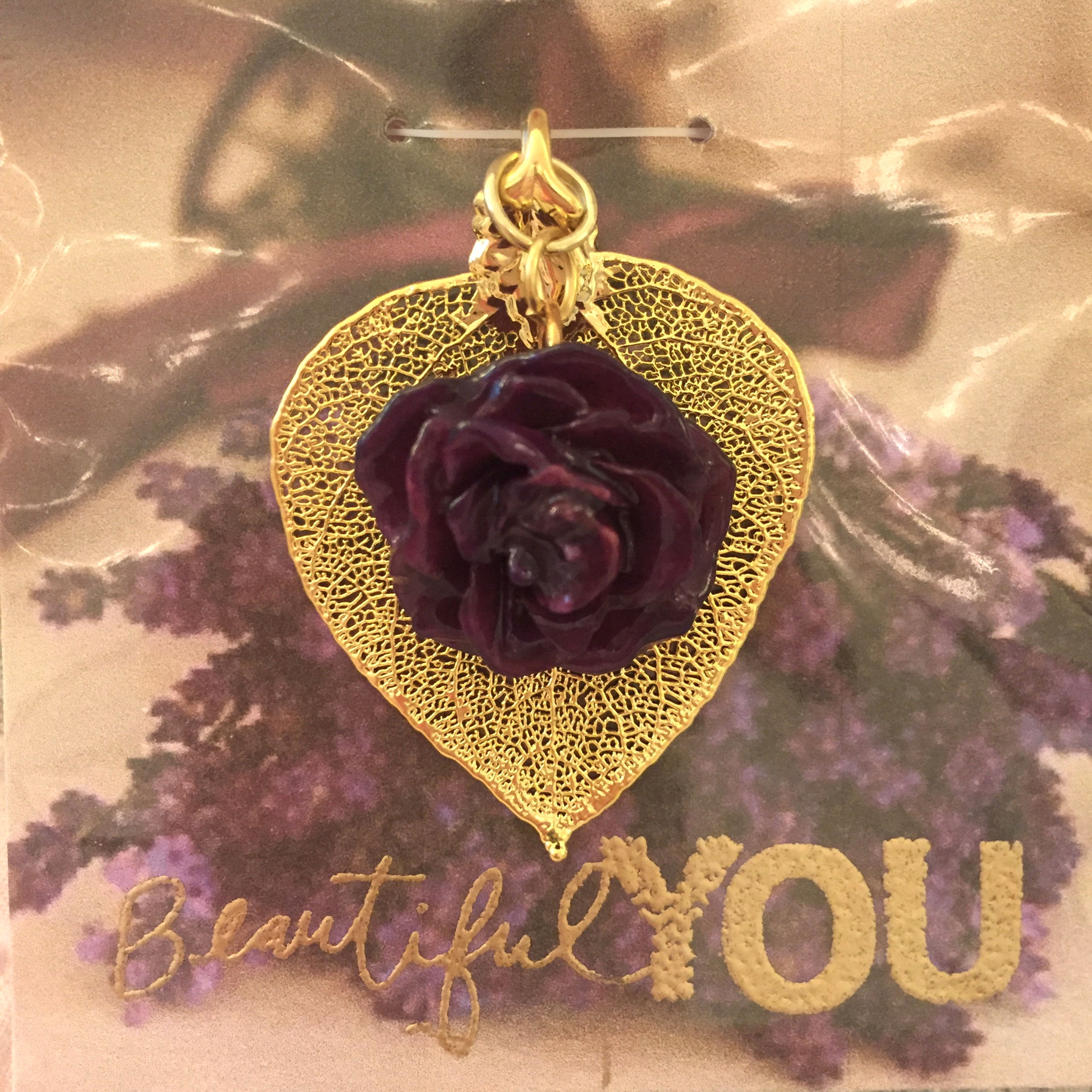 A Real Aspen Leaf & a Dark Purple Bloom Rose in 24K Gold Pendant