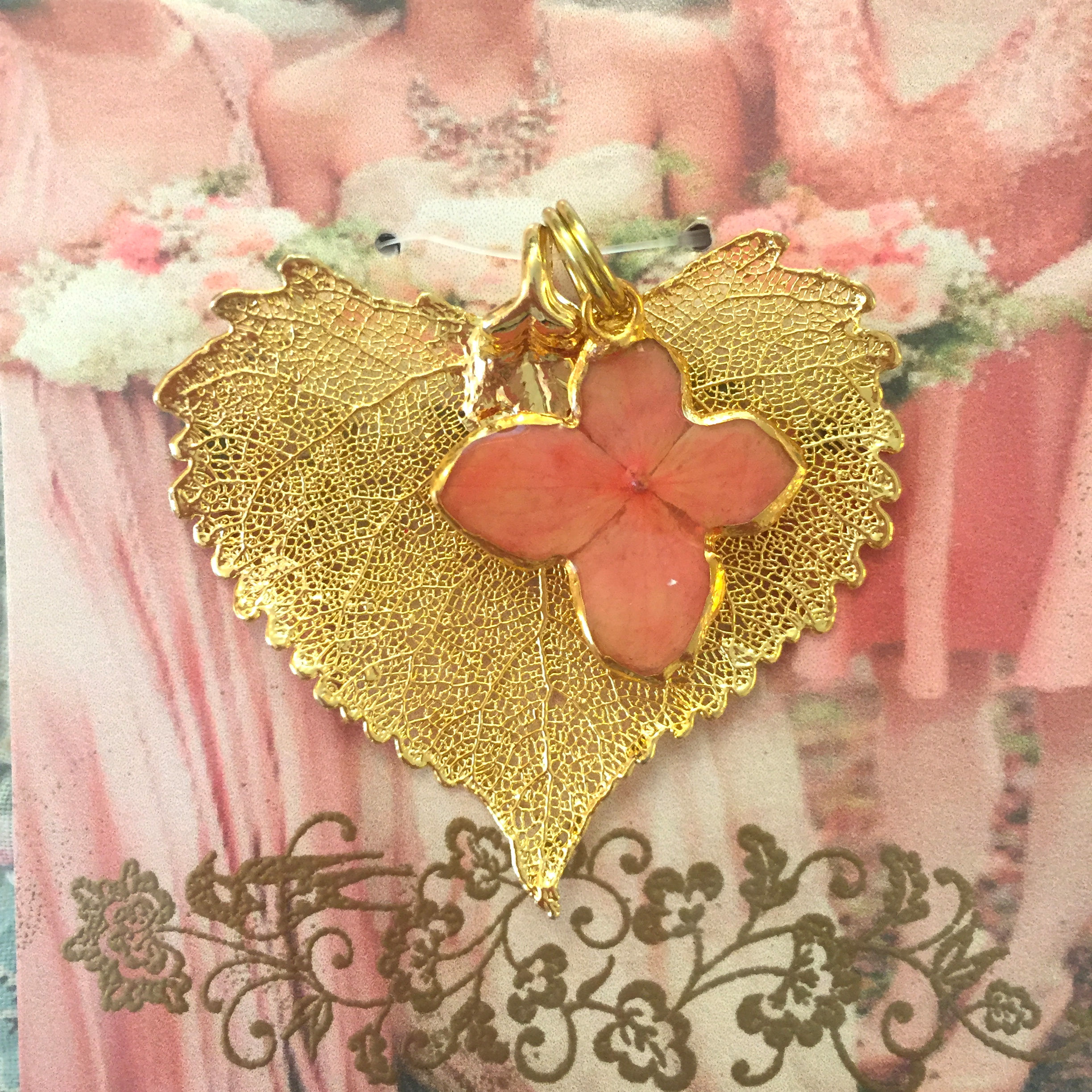 A Real Cottonwood Leaf & a Coral Hydrangea Flower in 24K Gold Pendant