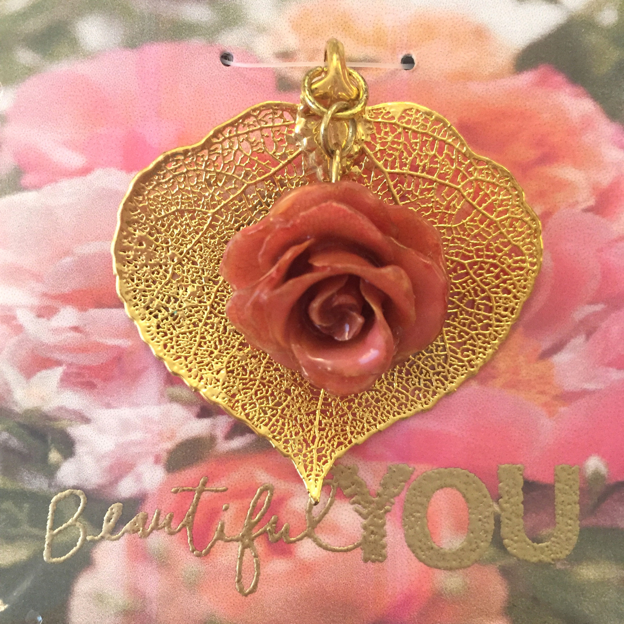 A Real Aspen Leaf & a Coral Bloom Rose in 24K Gold Pendant