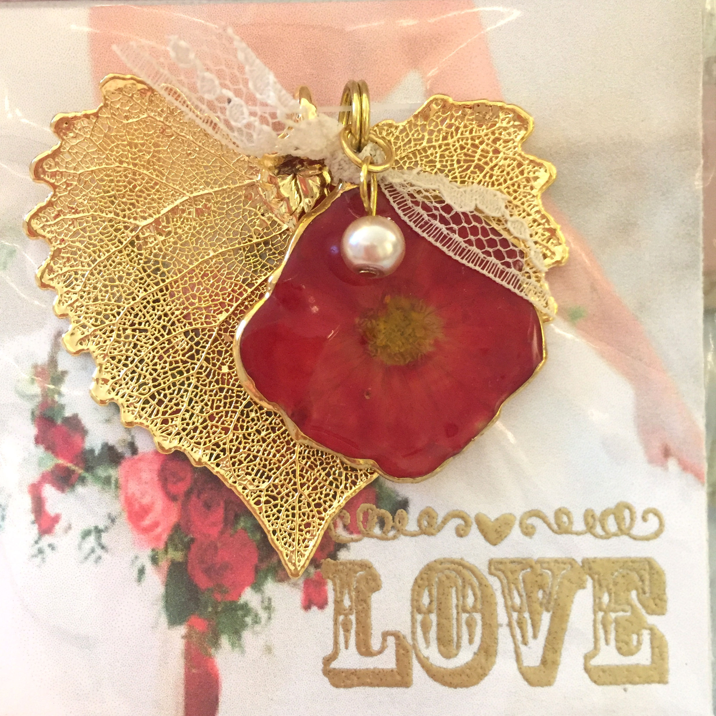 A Real Cottonwood Leaf & a Pressed Red Rose Pearl/Lace in 24K Gold Pendant