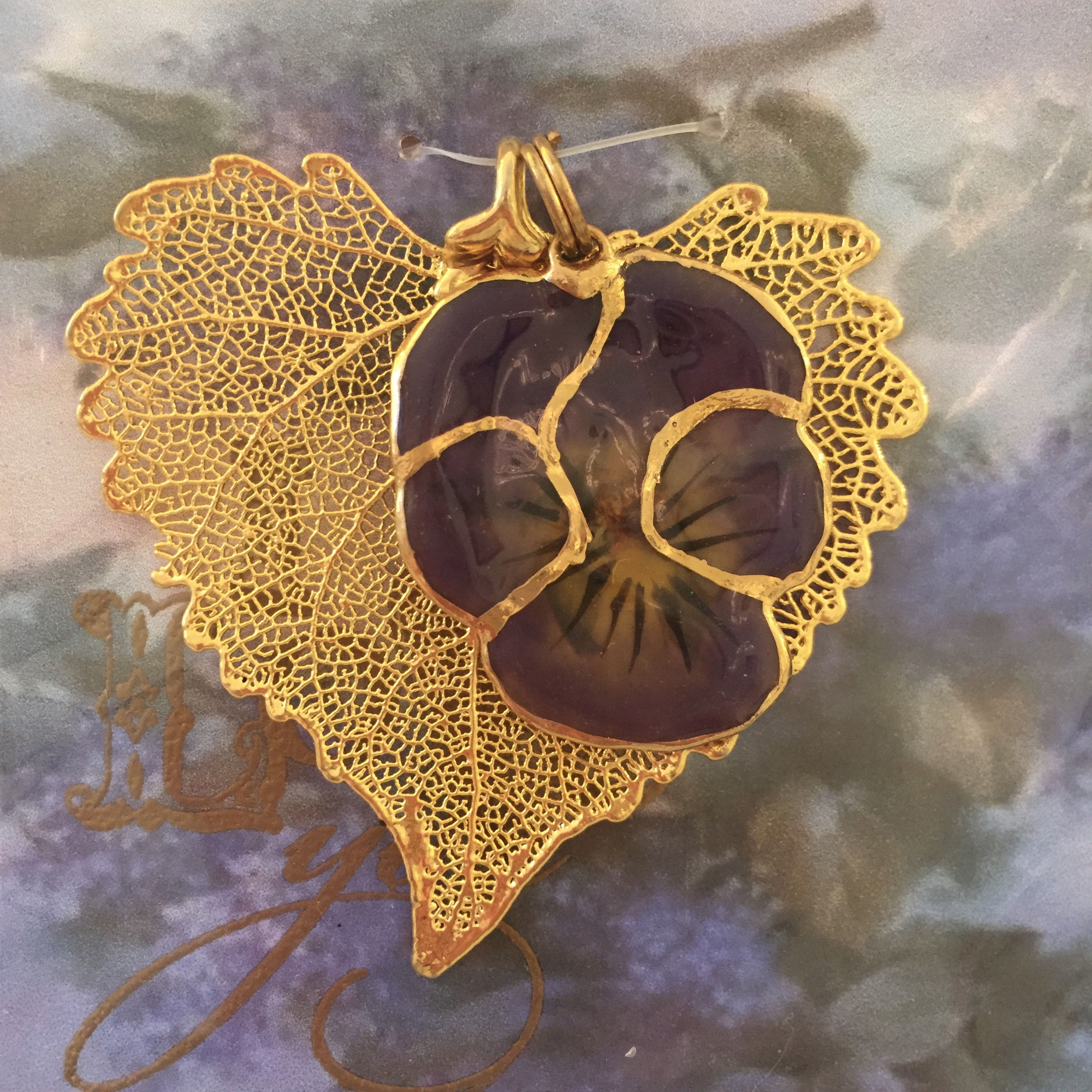 A Real Cottonwood Leaf & a Pansy Flower Outlined in 24K Gold Pendant