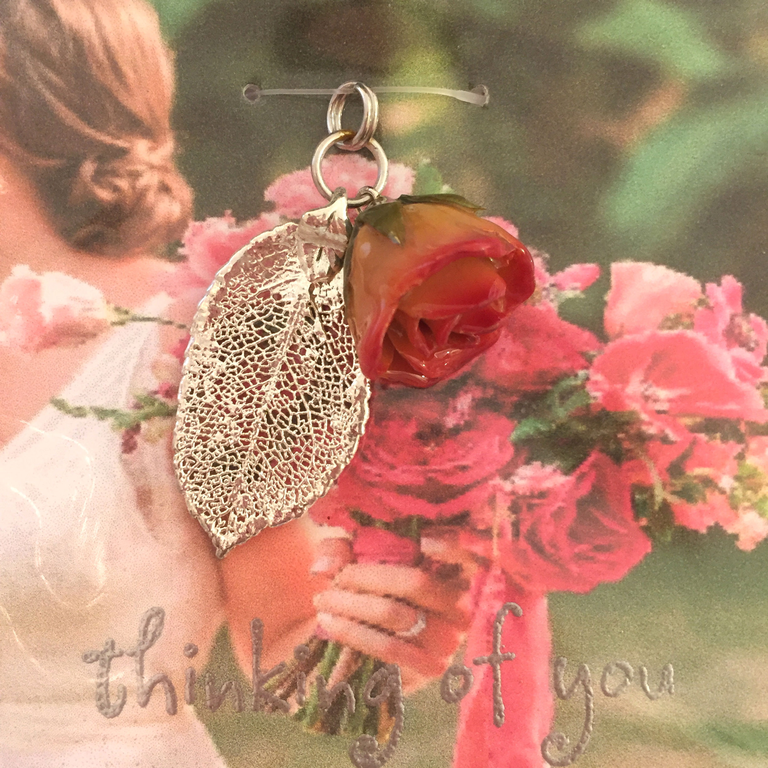A Real Baby Rose Leaf & a Cream Red Rosebud in Silver Pendant