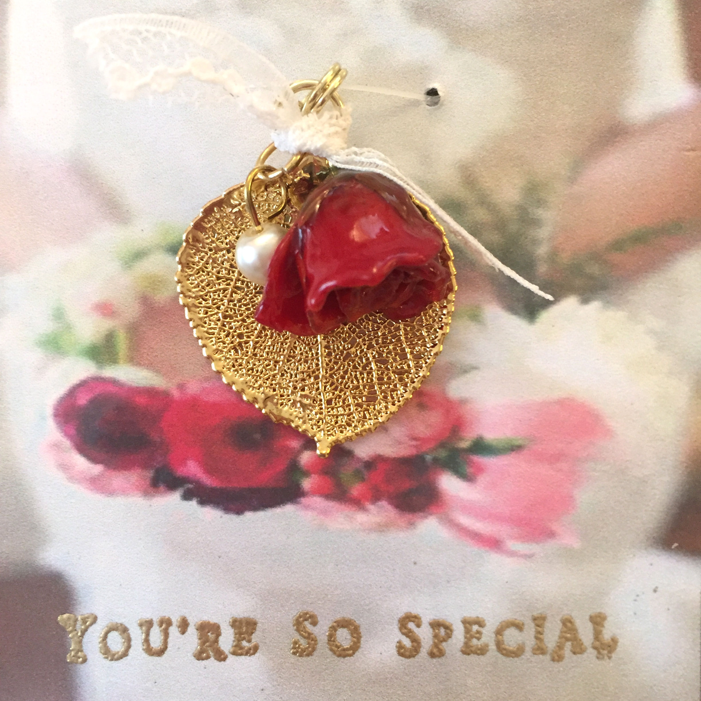 A Real Baby Aspen Leaf & a Red Rosebud Pearl/Lace in 24K Gold Pendant