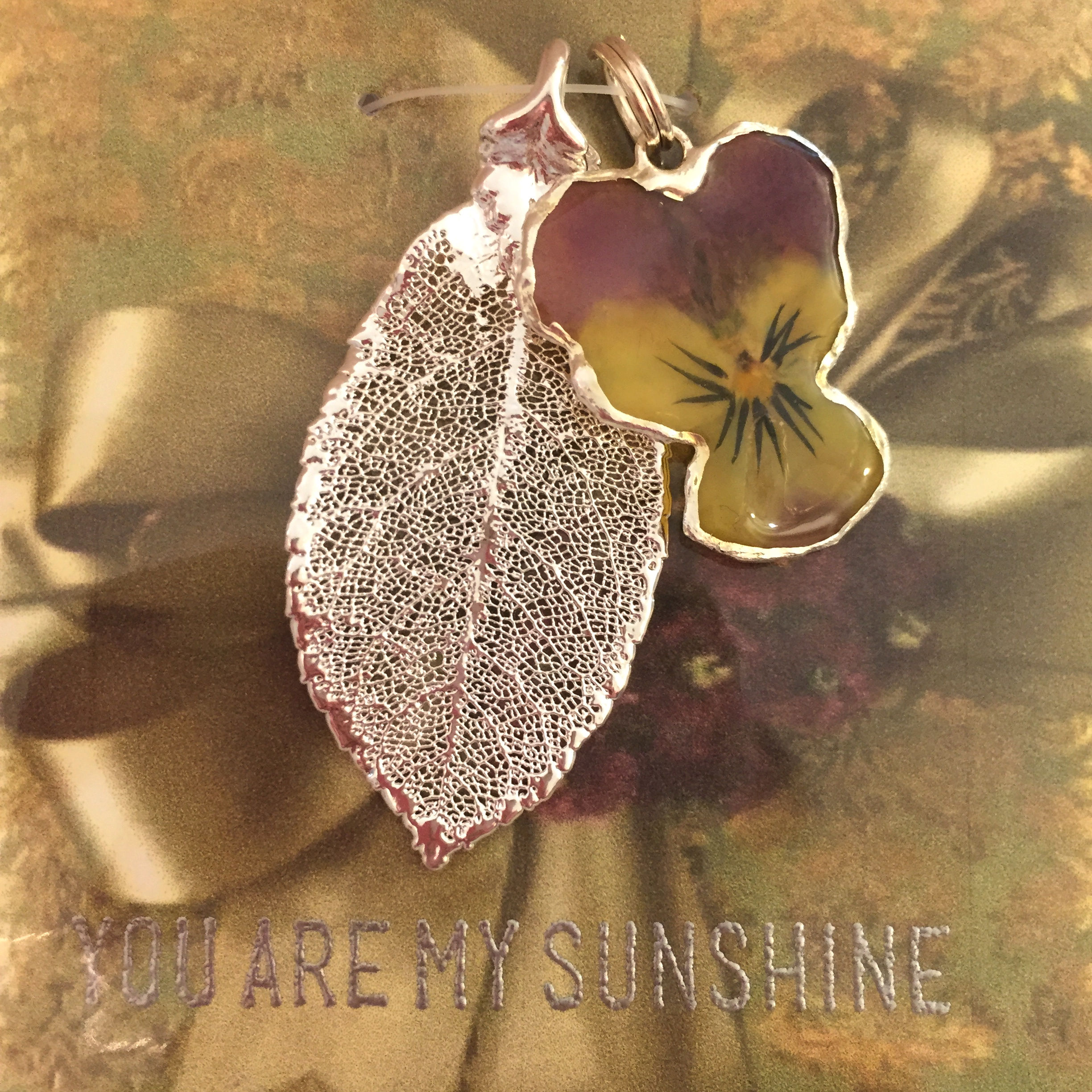 A Real Rose Leaf & a Johnny Jump Up Flower in Silver Pendant