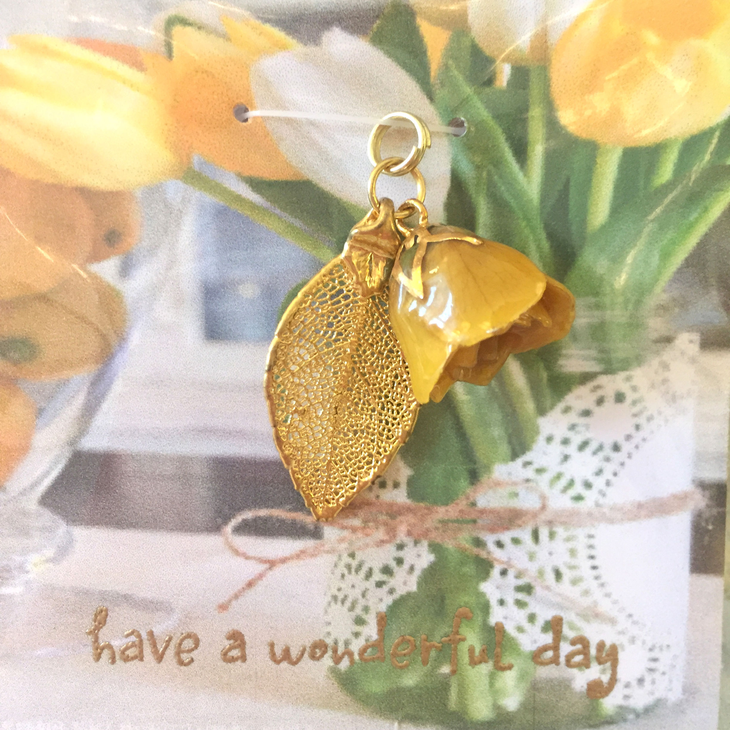 A Real Baby Rose Leaf & a Yellow Rosebud Flower Outlined in 24K Gold Pendant
