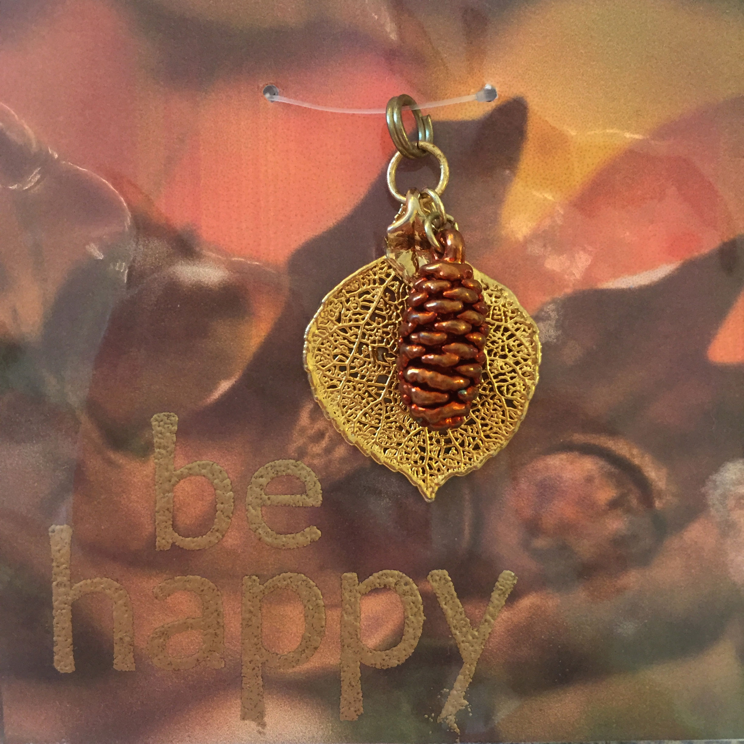 A Real Baby Aspen Leaf & a Copper Patina Pinecone Pendant in 24K Gold