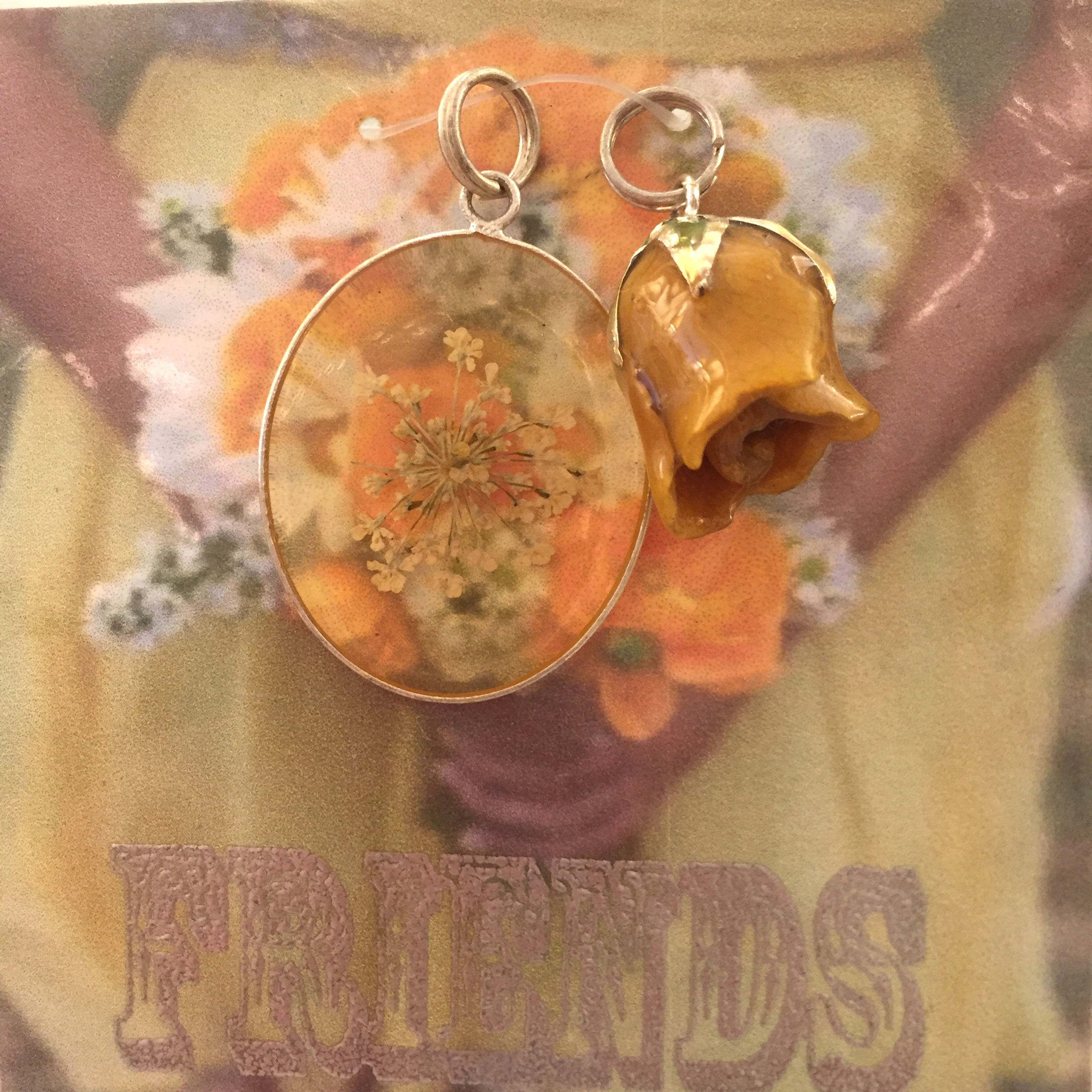 A Real Yellow Rosebud Outlined & Queen Anne's Lace in Silver Pendant