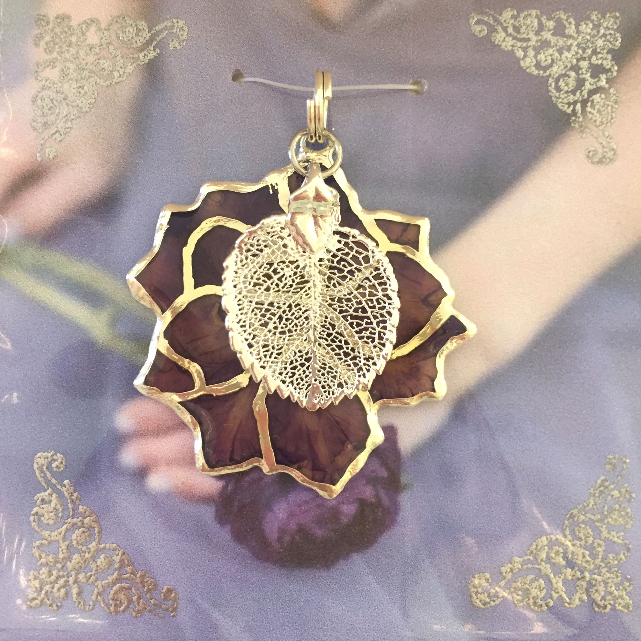 A Real Baby Rose Leaf & a Purple Larkspur Flower Outlined in Silver Pendant