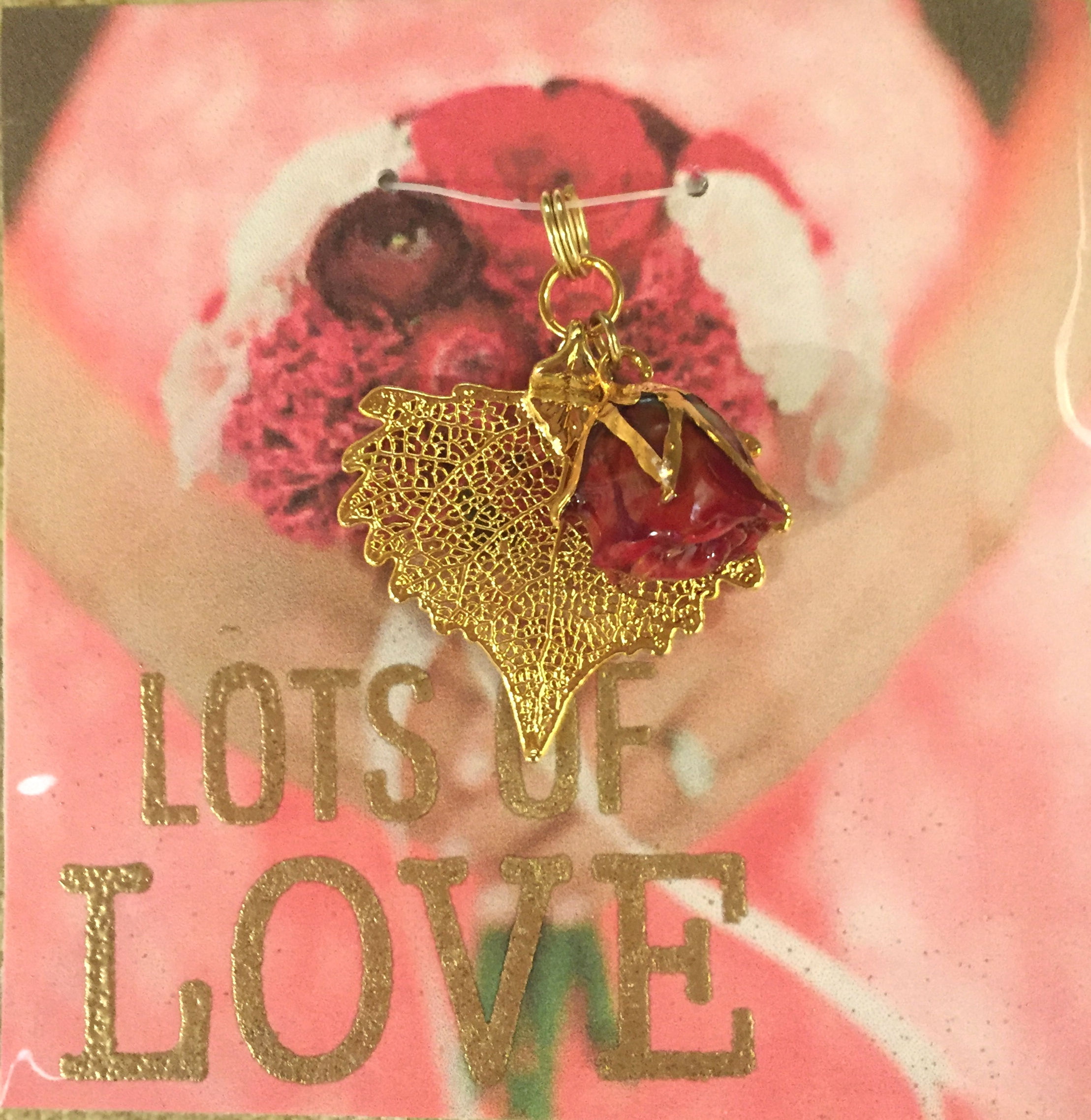 A Real Baby Cottonwood Leaf & a Red Rosebud in 24K Gold Pendant