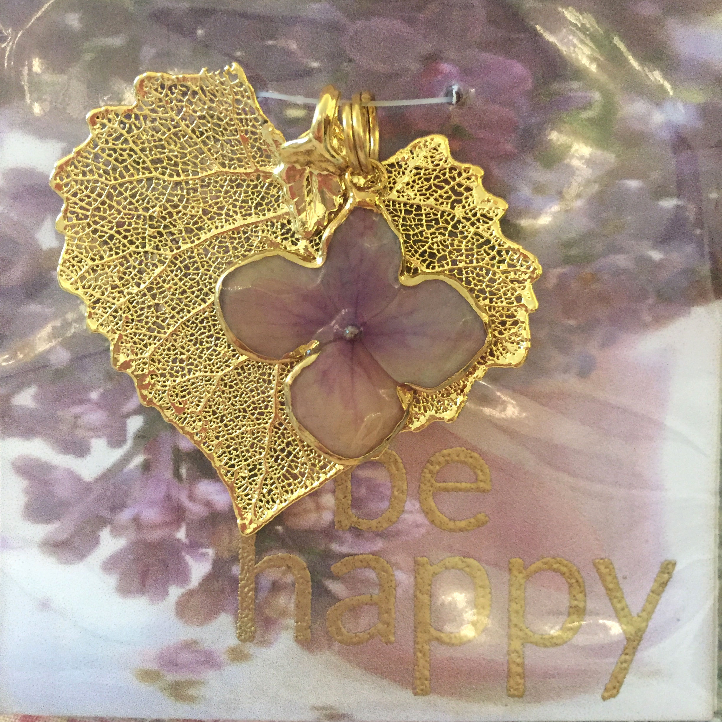 A Real Cottonwood Leaf & a Lavender Hydrangea Flower in 24K Gold Pendant