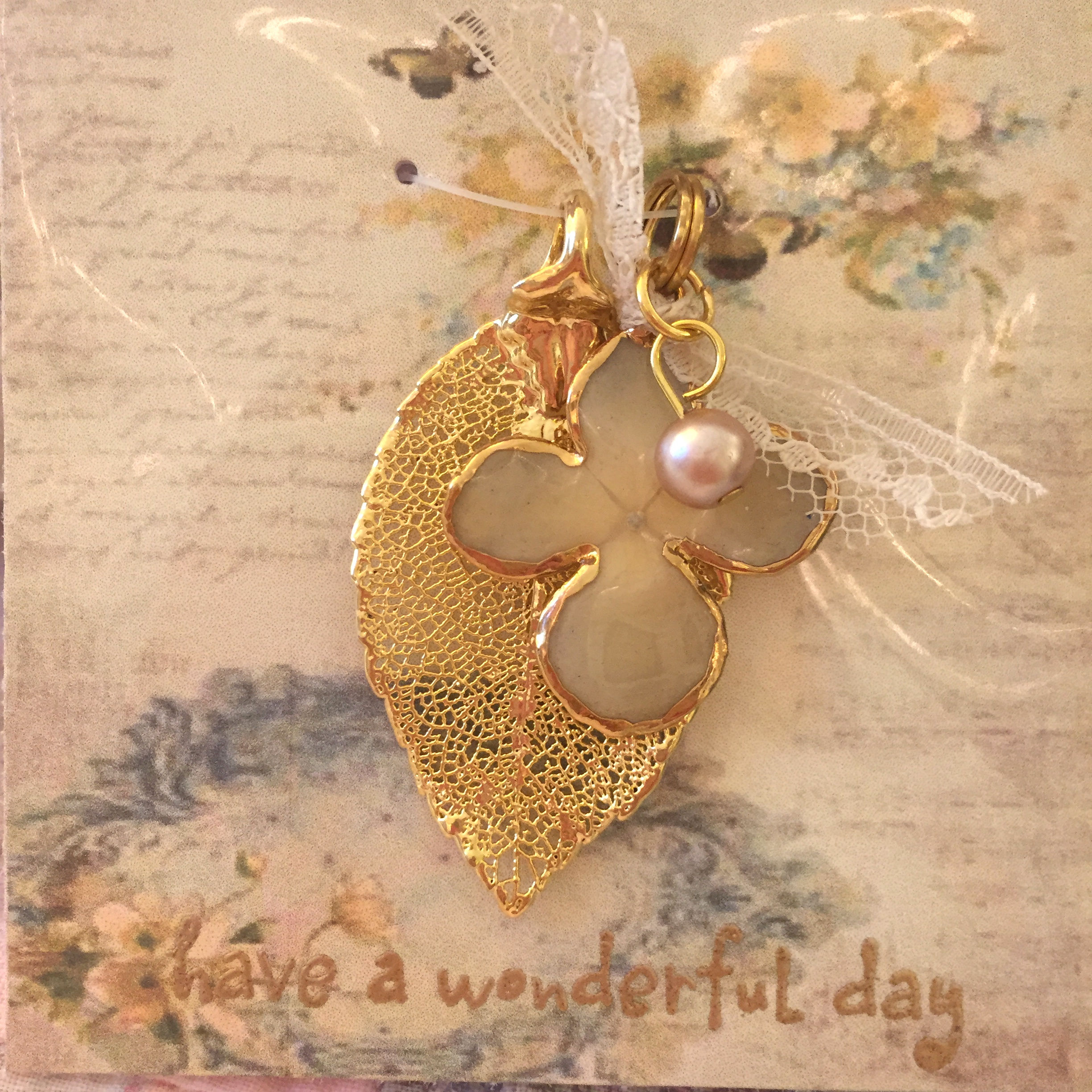 A Real Rose Leaf & a Cream Blue Hydrangea Flower with Pearl/Lace in 24K Gold