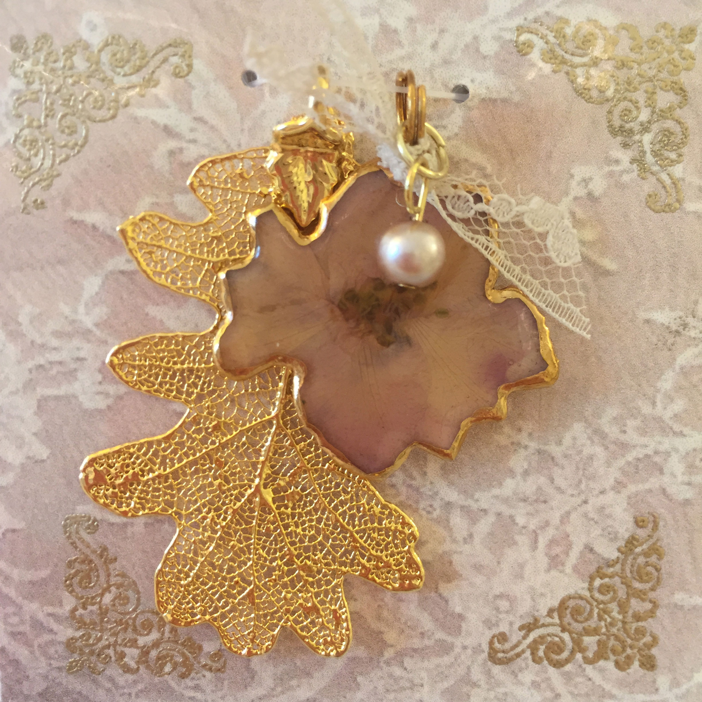 A Real Oak Leaf & a Mauve Larkspur Pearl/Lace in 24K Gold Pendant