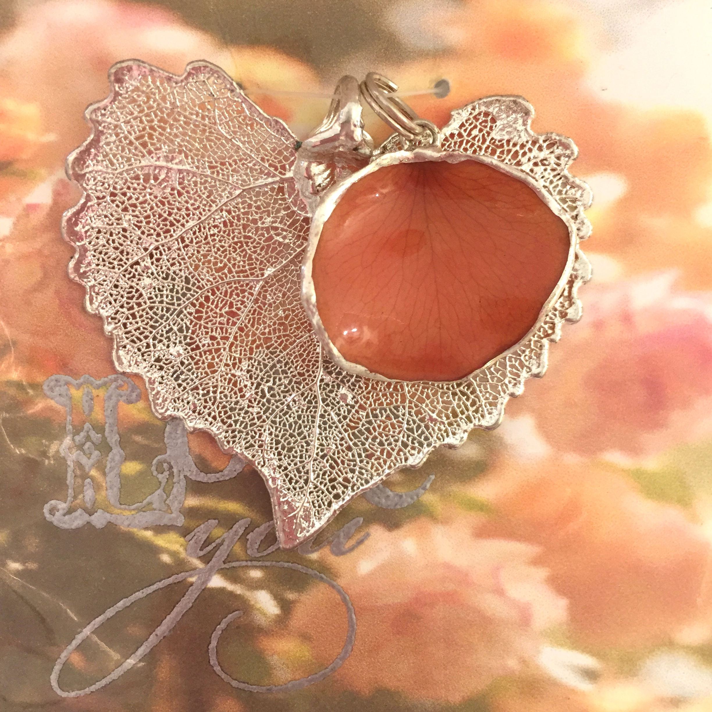 A Real Cottonwood Leaf & a Coral Rose Petal in Silver Pendant