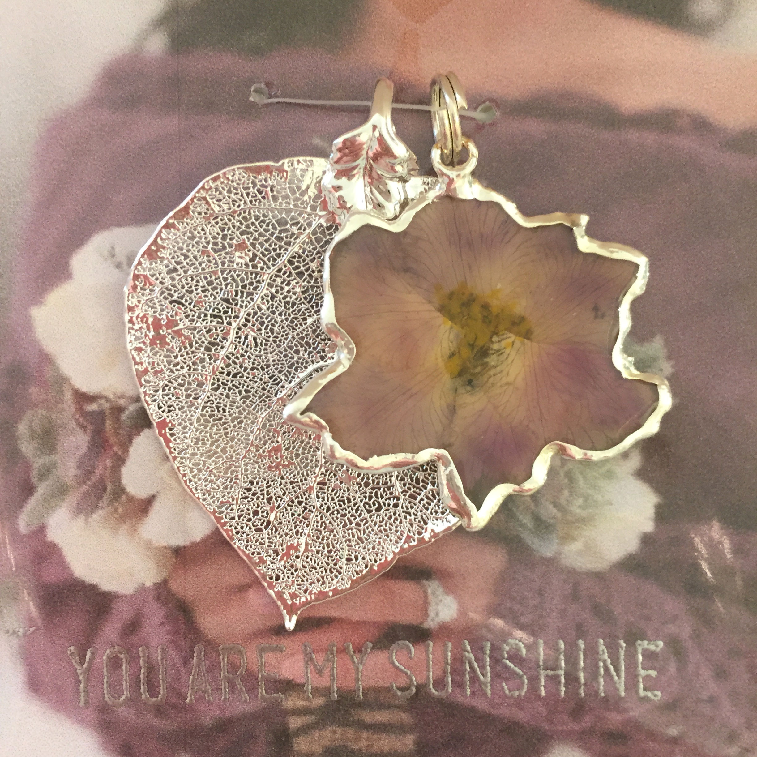 A Real Aspen Leaf & a Lavender Larkspur Flower in Silver Pendant
