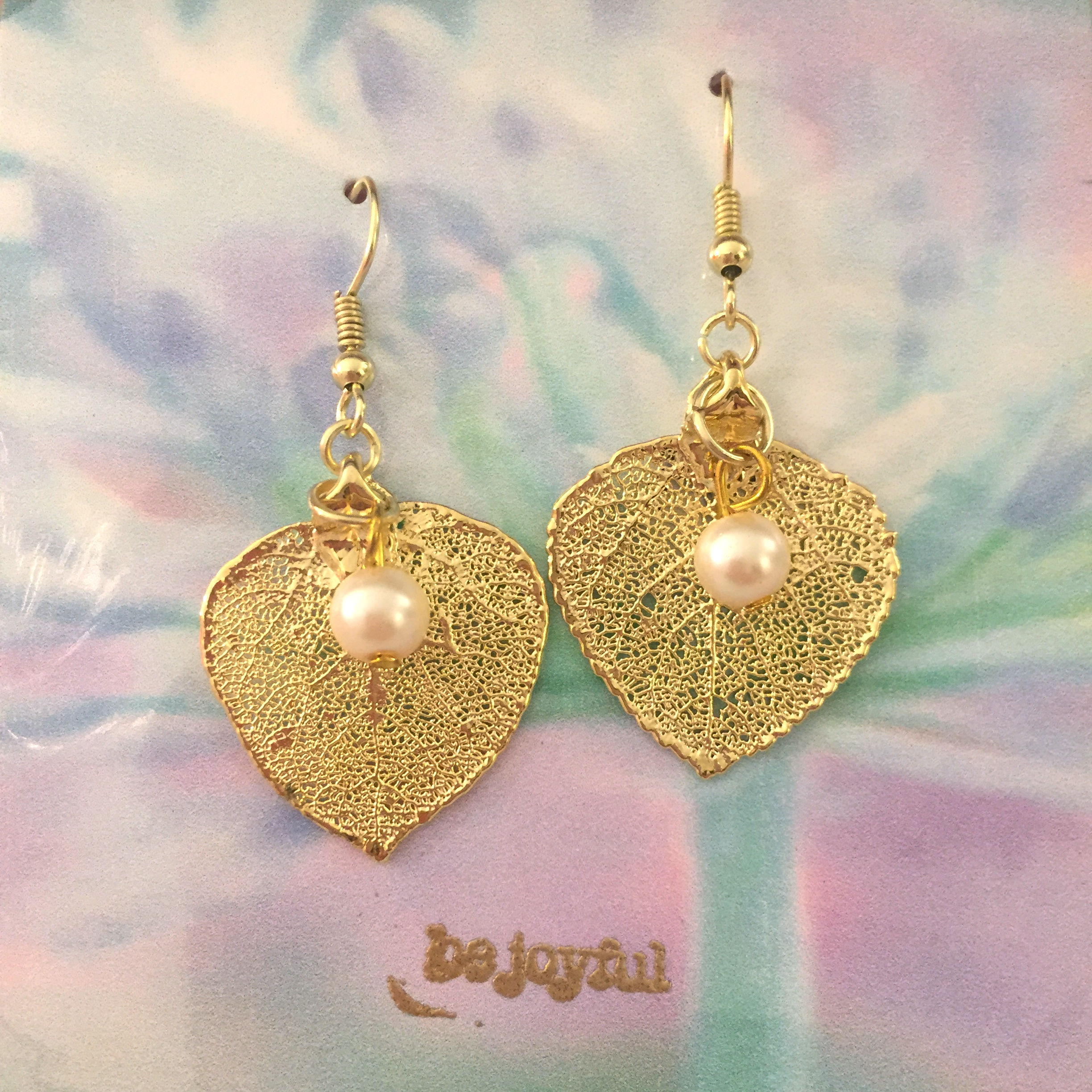 Baby Aspen Leaf Earrings with Cream Pearls in 24K Gold