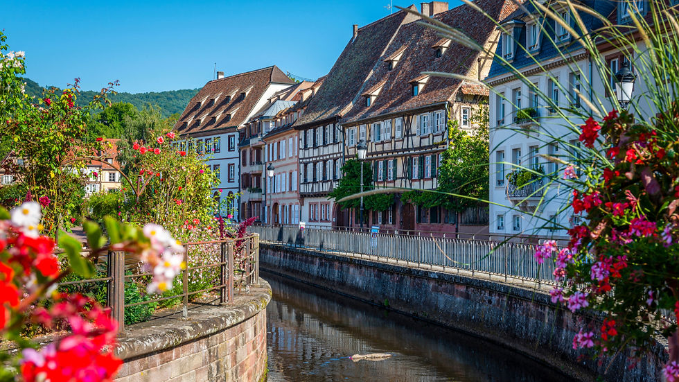 Charming European village with half-timbered houses along a canal, surrounded by vibrant flowers. Bright, sunny day with a peaceful mood.