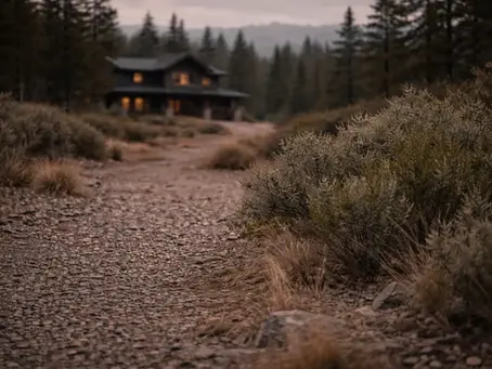 A modern wooden mountain house with illuminated windows nestled among pine trees in the evening.