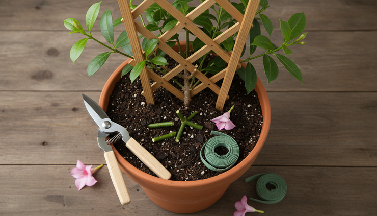 Overhead view of clean secateurs beside a freshly pruned mandevilla stem.