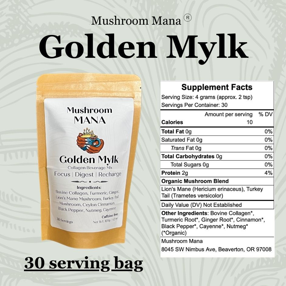30 serving size Golden Mylk by Mushroom Mana with nutrition facts