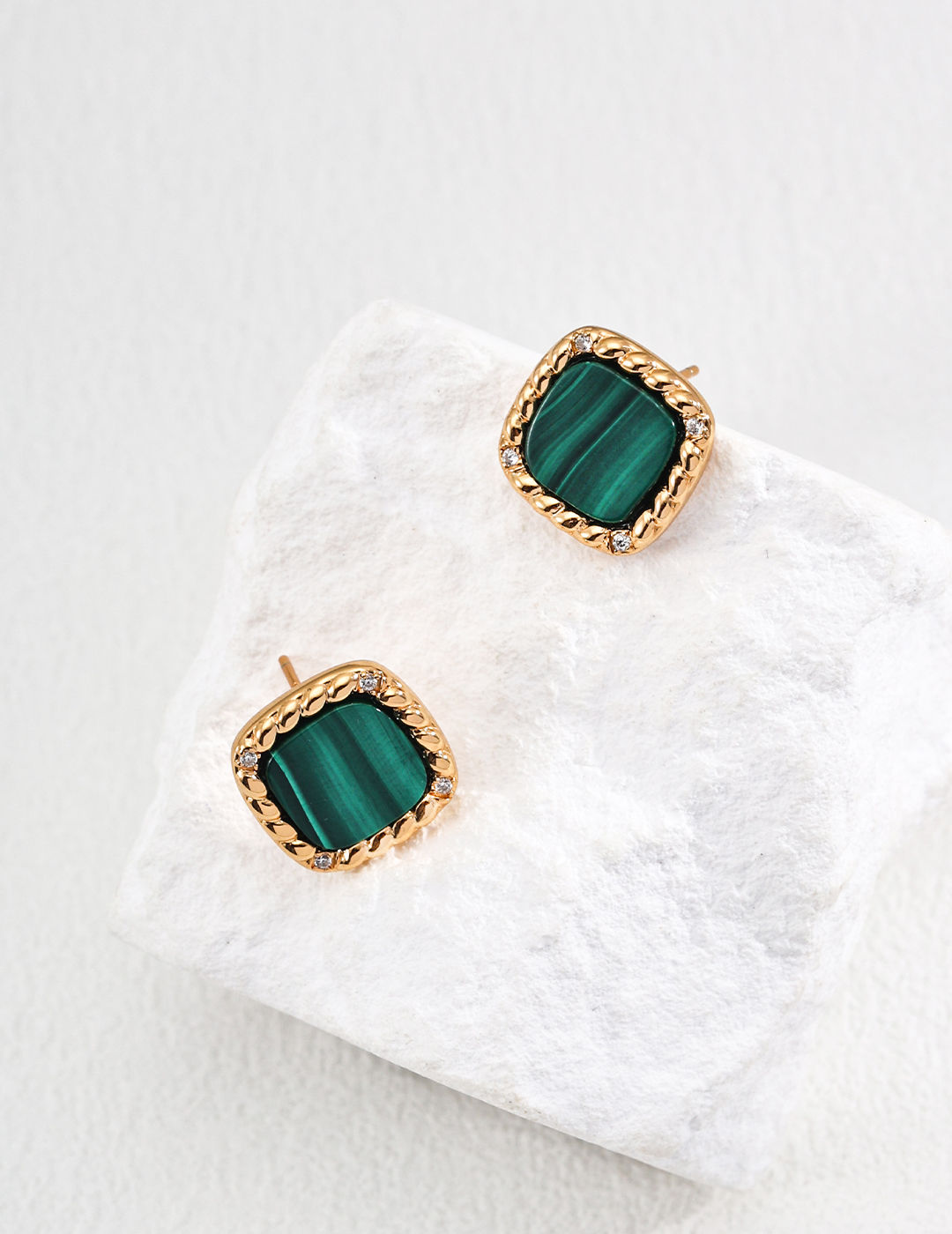 S925 Silver Minimalist Zircon and Natural Malachite Earrings