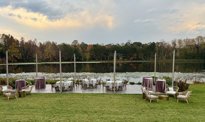 Lakeside patio ready for a wedding reception at Riverain Farm in Greenville, SC