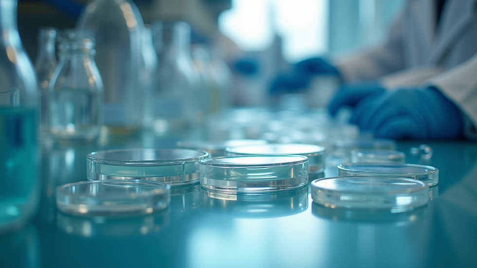 Close-up view of a laboratory setting with petri dishes and scientific equipment