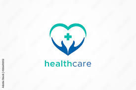 Healthcare logo with hands, heart shape and medical cross, healthcare text.
