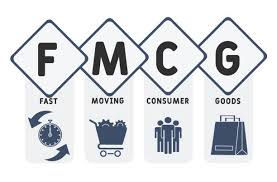 FMCG fast moving consumer goods concept with four diamond shapes and icons.