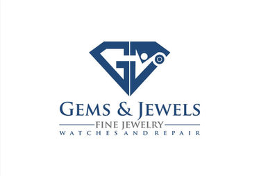 Gems & Jewels logo with diamond shape, text reads, fine jewelry, watches and repair