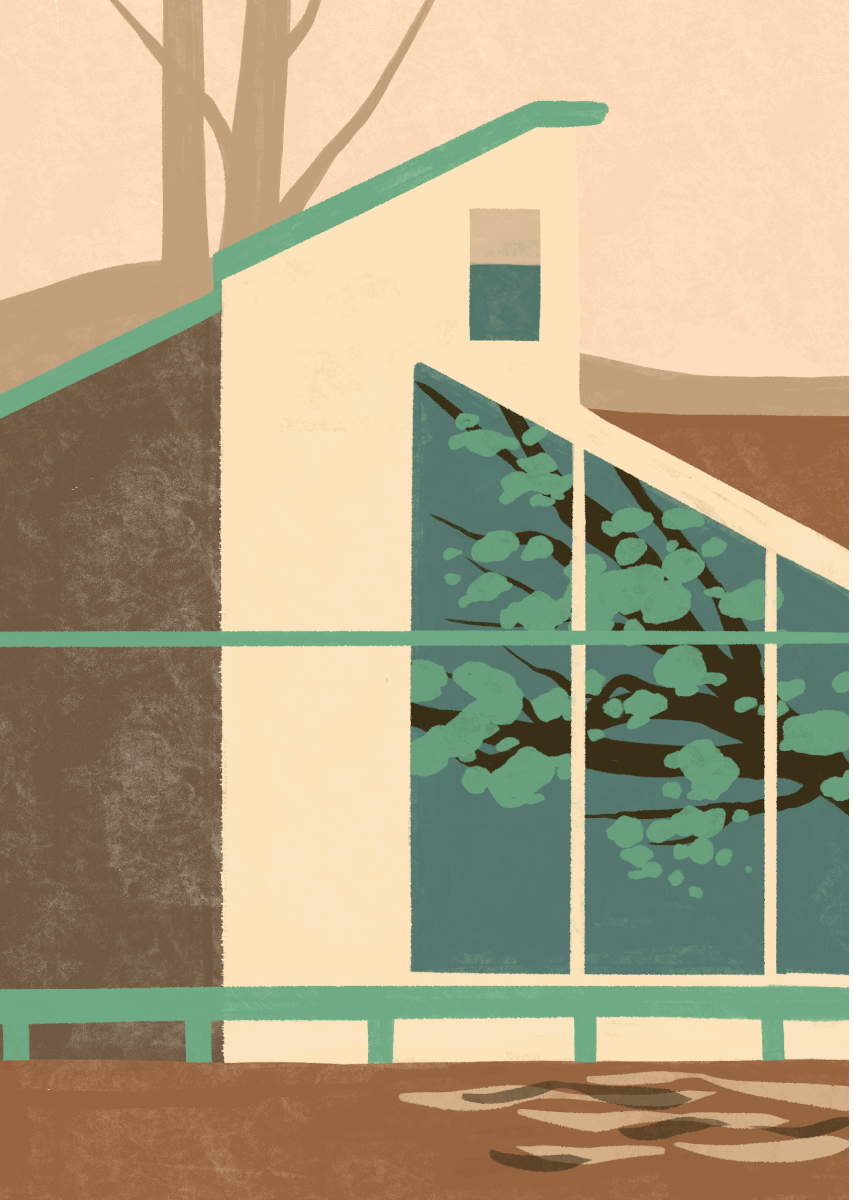 illustration animated gif painting modernist architecture villa water tree yellow green vintage retro architecture