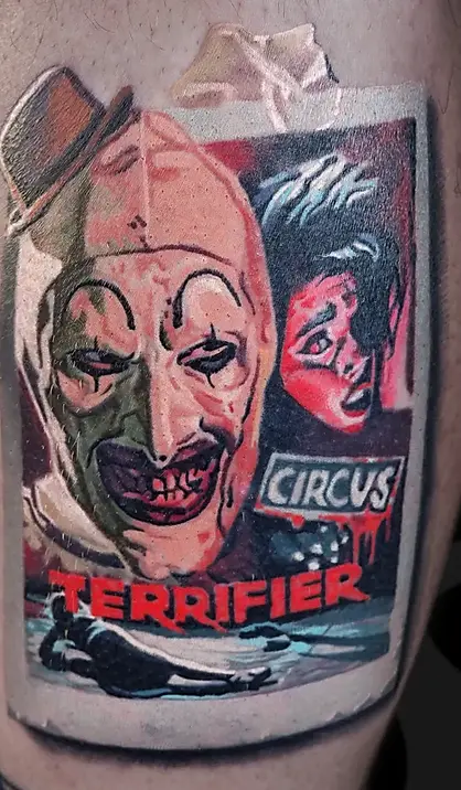 Color Realism leg tattoo of Terrifier portrait by Serjo bronfman at Serjo Tattoo Tel-aviv.